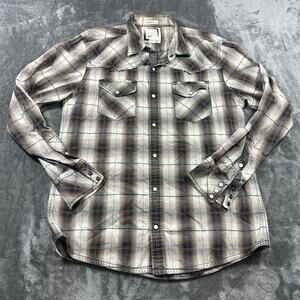 BKE Contour Button Up Shirt Mens Large White Brown Plaid‎ Pearl Snap Cowboy